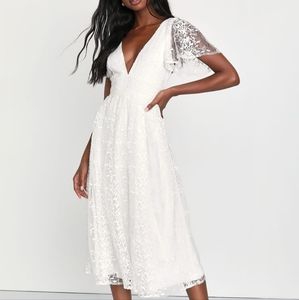 Elegant Approach White Embroidered Flutter Sleeve Midi Dress